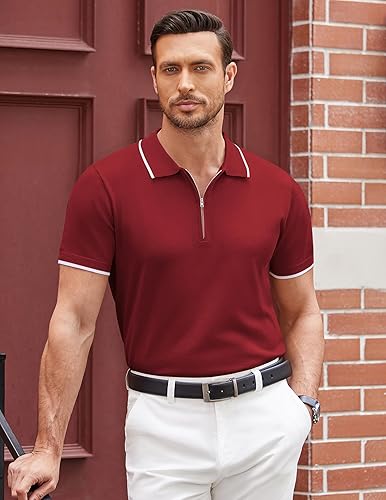 Miniatura 8 de COOFANDY Polo de manga corta con cremallera para hombre, estilo casual, de punto y ajuste clásico