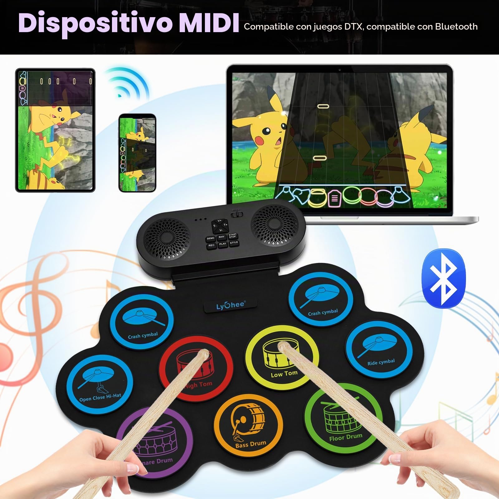 Batería electrónica Lychee con conector para auriculares, 9 almohadillas enrollables estéreo para práctica de batería, altavoz integrado, pedales y baquetas compatibles con conexión externa, ideal com