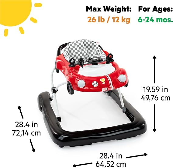 Bright Starts Little Speedster 3-in-1 Car Walker, Red Racer, Baby Activity Walker for Boys and Girls, 6 Months+