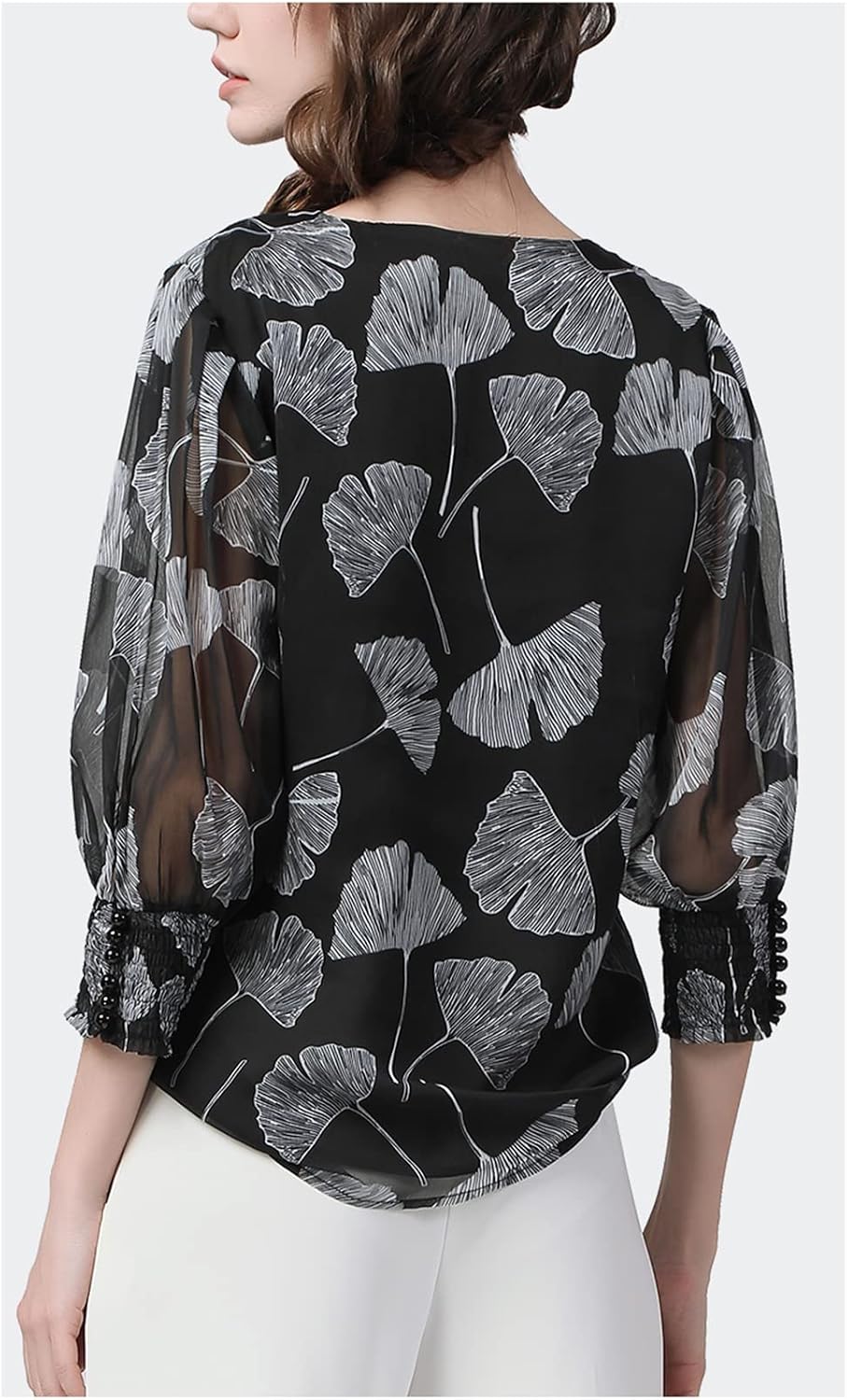 Leaves Printed Short Women Chiffon Tops Seven Sleeves Blouses Elegant Office Ladies Shirt