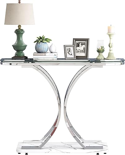 Miniatura 6 de O&K FURNITURE Mesas consola de cristal plateado para entrada, mesa de entrada de vidrio con marcos curvos y base de mármol, mesa de entrada moderna