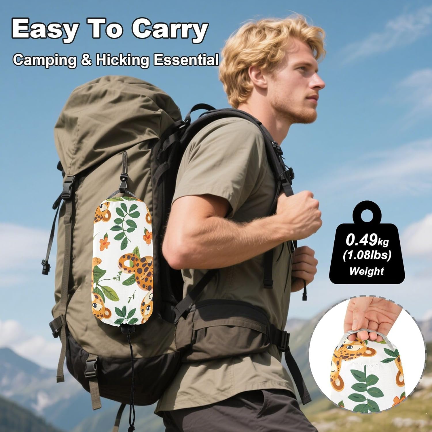 ALAZA Cute Cartoon Leopard Leaves Camping Hammocks Single or 2 Person 500 lbs Portable Parachute Travel Hammock w/Tree Straps for Hiking Backpacking Indoor Outdoor