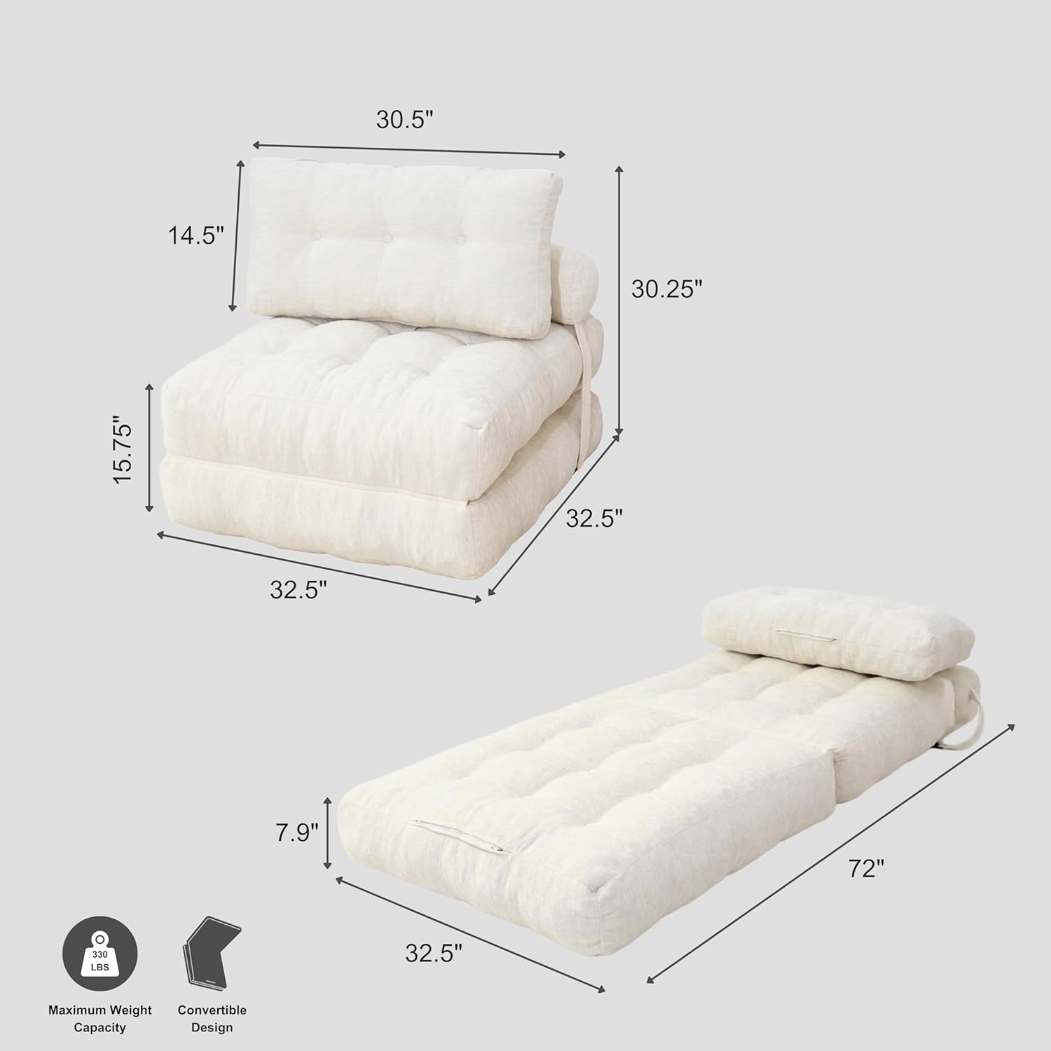 · REDEARTH · Folding Sofa Bed, 3-in-1 Boneless Convertible Floor Futon with Chaise Lounge & Sleeper Function, Shredded Foam Lounge Chair in Chenille for Living, Bedroom, Kids Room & Apartment, Ivory