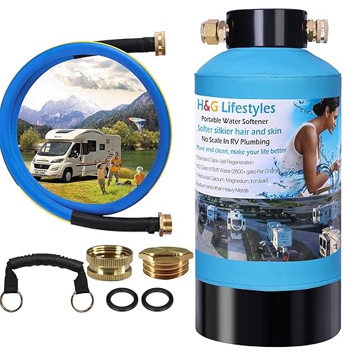 H&G lifestyles Suavizante de agua portátil para RV de 16,000 granos con manguera de agua, accesorios de latón de 34 pulgadas, 2600 galones, suaviza