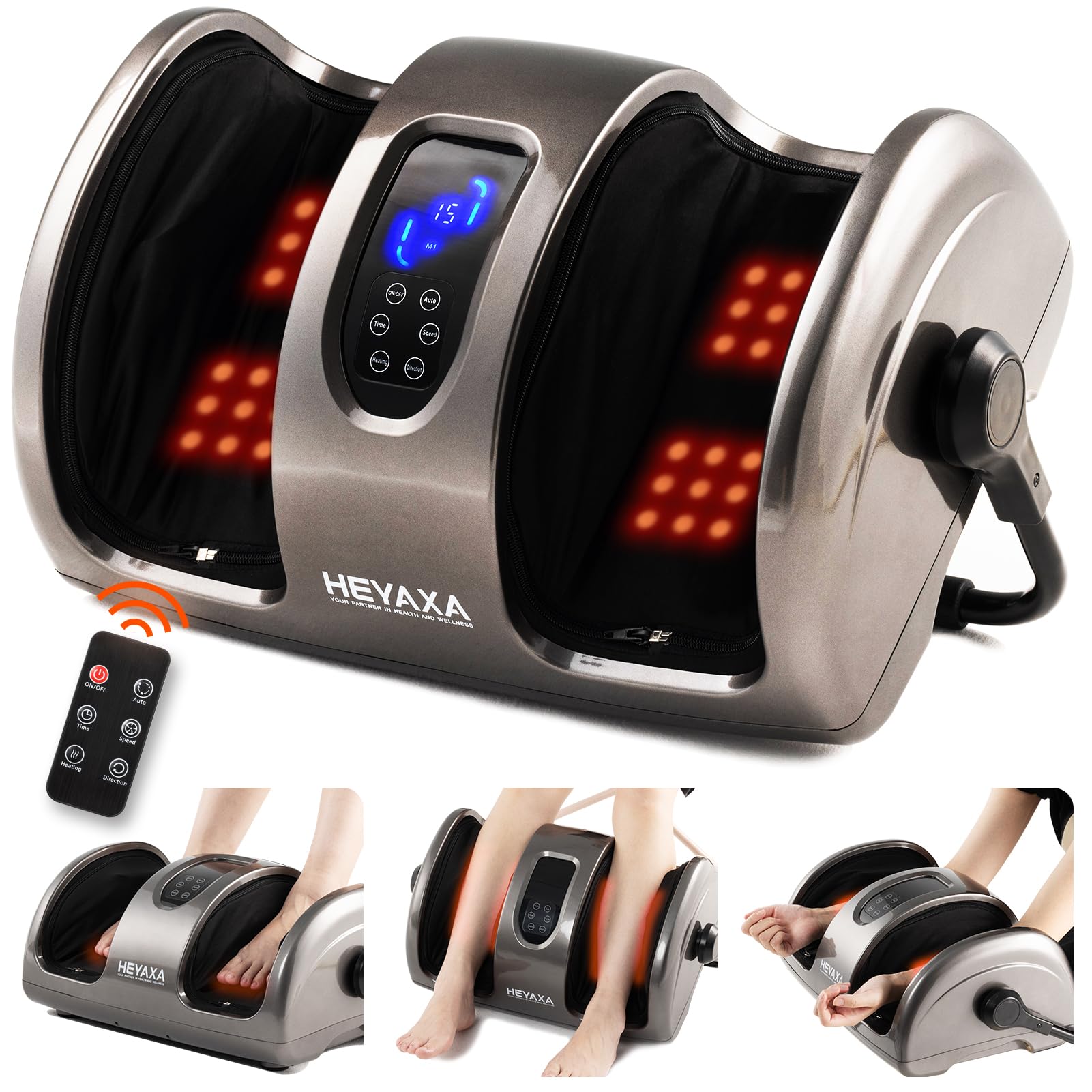 Foot Massager with Heat, Shiatsu Heated Electric Kneading Foot Massager Machine for Plantar Fasciitis, Built-in Infrared Heat Function and Power Cord (Grey)