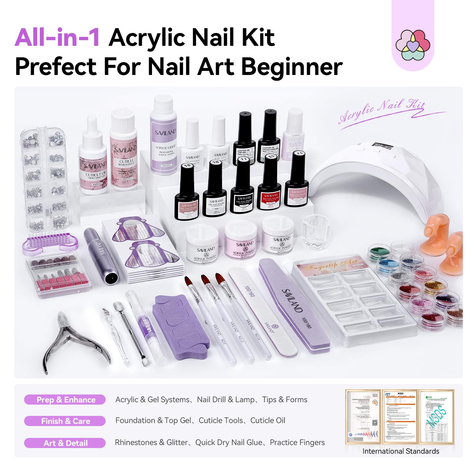SAVILAND Ultra Acryl Nagel Kit mit Bohrer: All-In-1 Nagel Kits mit allem 3 PCS Acryl Pulver 50 ML EMA Monomer 5 Farbe Gel Nagellack U V Lampe Nagelhaut Entferner Praxis Finger Zuhause DIY Starter