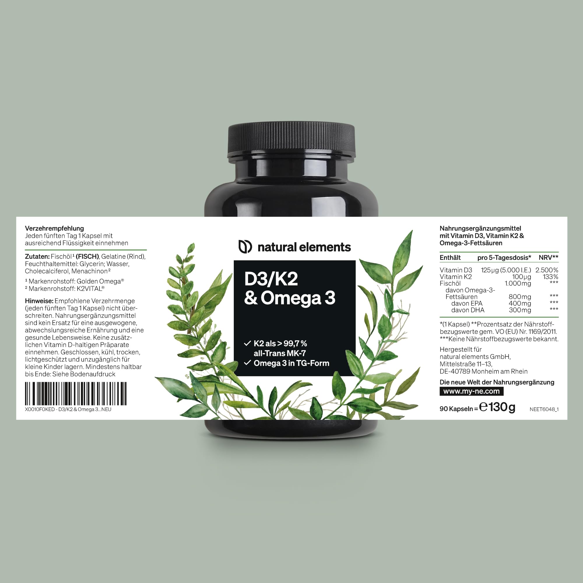 natural elements Vitamin D3 + K2 + Omega 3 – Premium K2VITAL® von Kappa 99,7+% All-Trans K2 – Premium Omega 3 in Triglycerid Form und bioverfügbares D3 – in Deutschland produziert & laborgeprüft