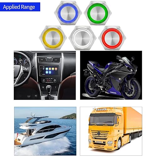 Miniatura 7 de Interruptor de botón 15Amp 34" 0.748 in momentáneo impermeable IP67 110120V ACDC 1NO SPST anillo LED luz de acero inoxidable botón de metal auto