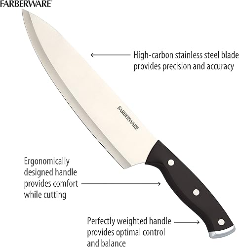 Miniatura 5 de Farberware Juego de bloque de cuchillos triple remachado, 15 piezas, pino negro, cuchillas de acero inoxidable de alto carbono, asas ergonómicas,