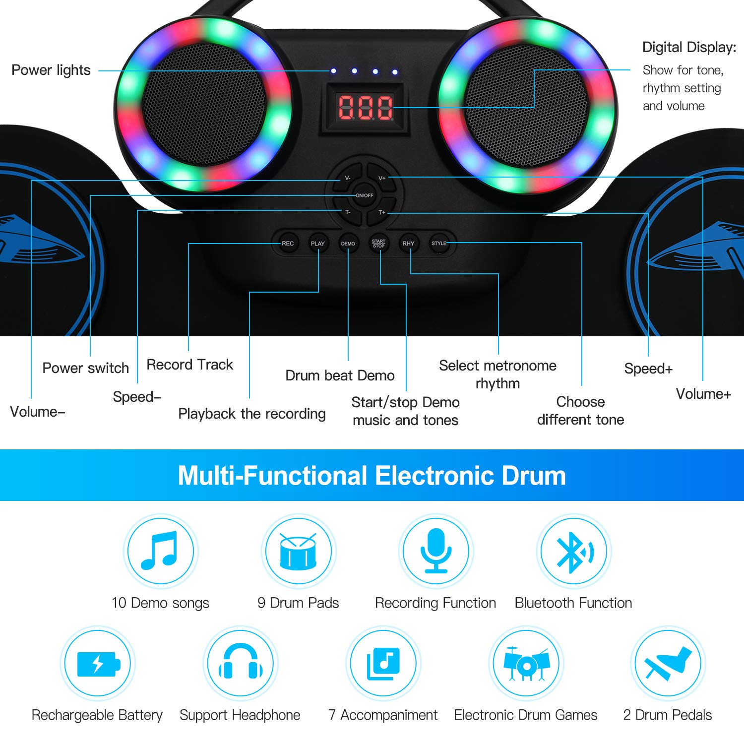 Uverbon Batteria Elettronica Portatile Roll-Up Kit con Altoparlanti Stereo Bluetooth per Bambini