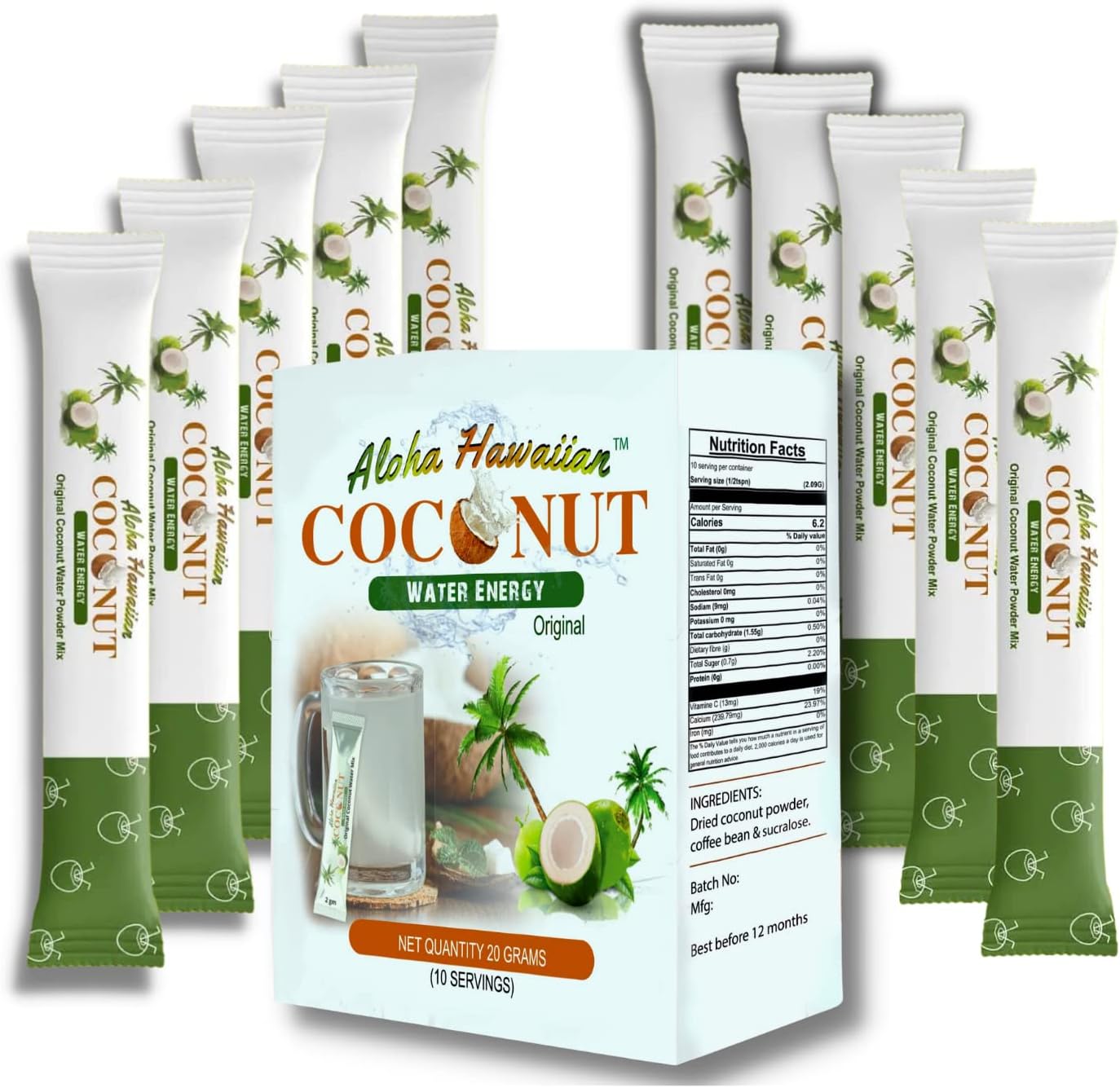 Aloha Hawaiian HawaiianCoconut & Coffee flavor Energy Drink Powder, Instant Drink drink - Mix in water, Milk or smoothies. Delicious coconut milk shake powder Non GMO Vegan Gluten Free Sports Drink Be