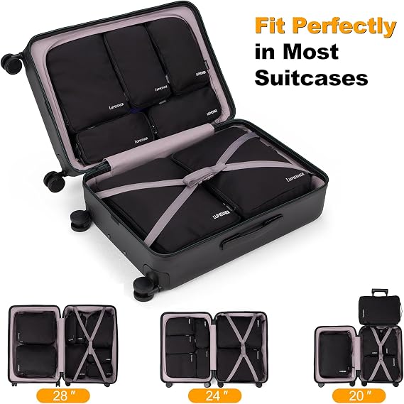 Compression Packing Cubes, Lumesner 8 Set Travel Essentials Packing Cubes for Carry on Suitcases, Compression Suitcase Organizers Bag Set & Travel Cubes (8-piece, Black)