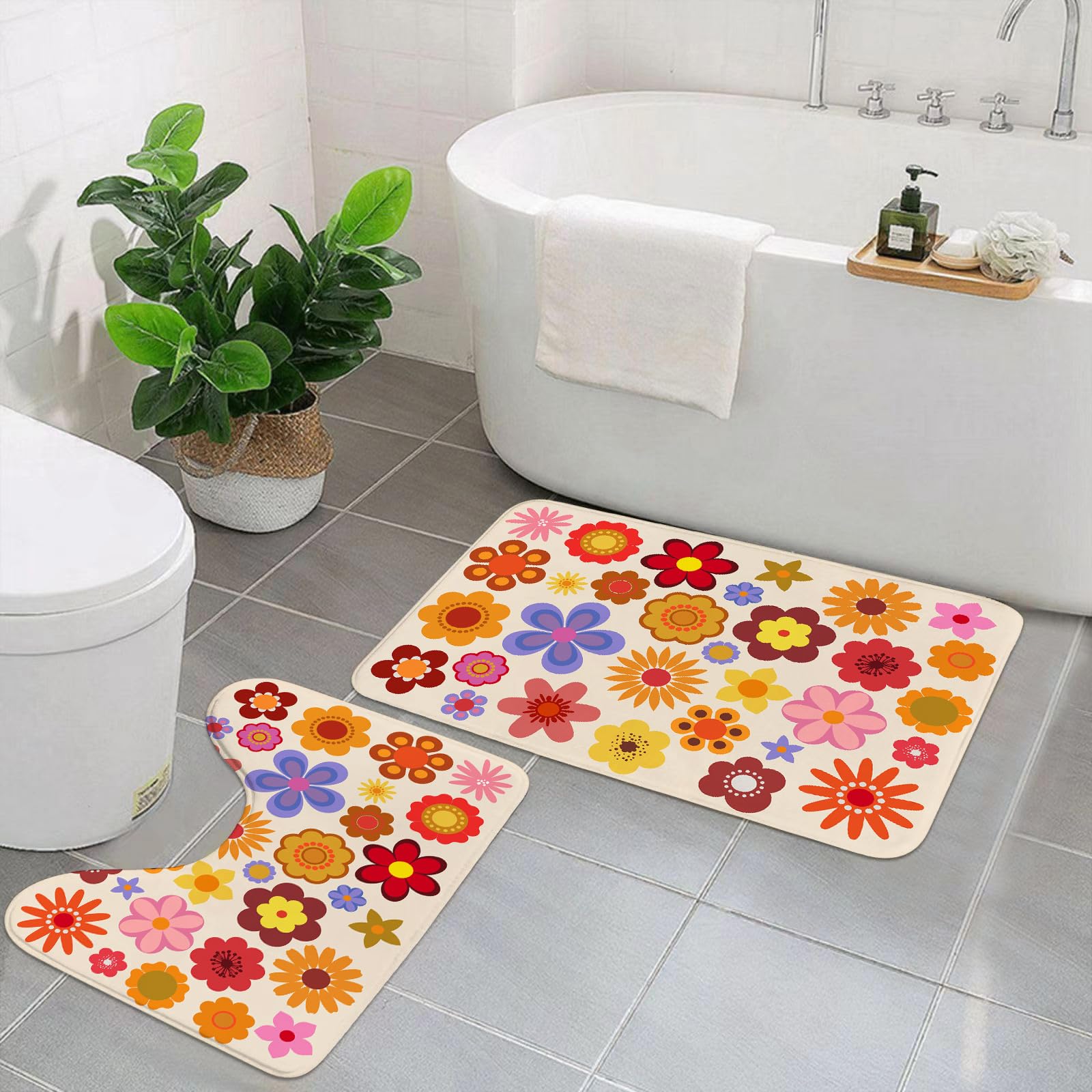 Set di 2 tappetini da Bagno, Lavabili in Lavatrice e Antiscivolo, in Morbida Fibra Superfine, con Motivo Floreale Vintage Anni '60 e '70.