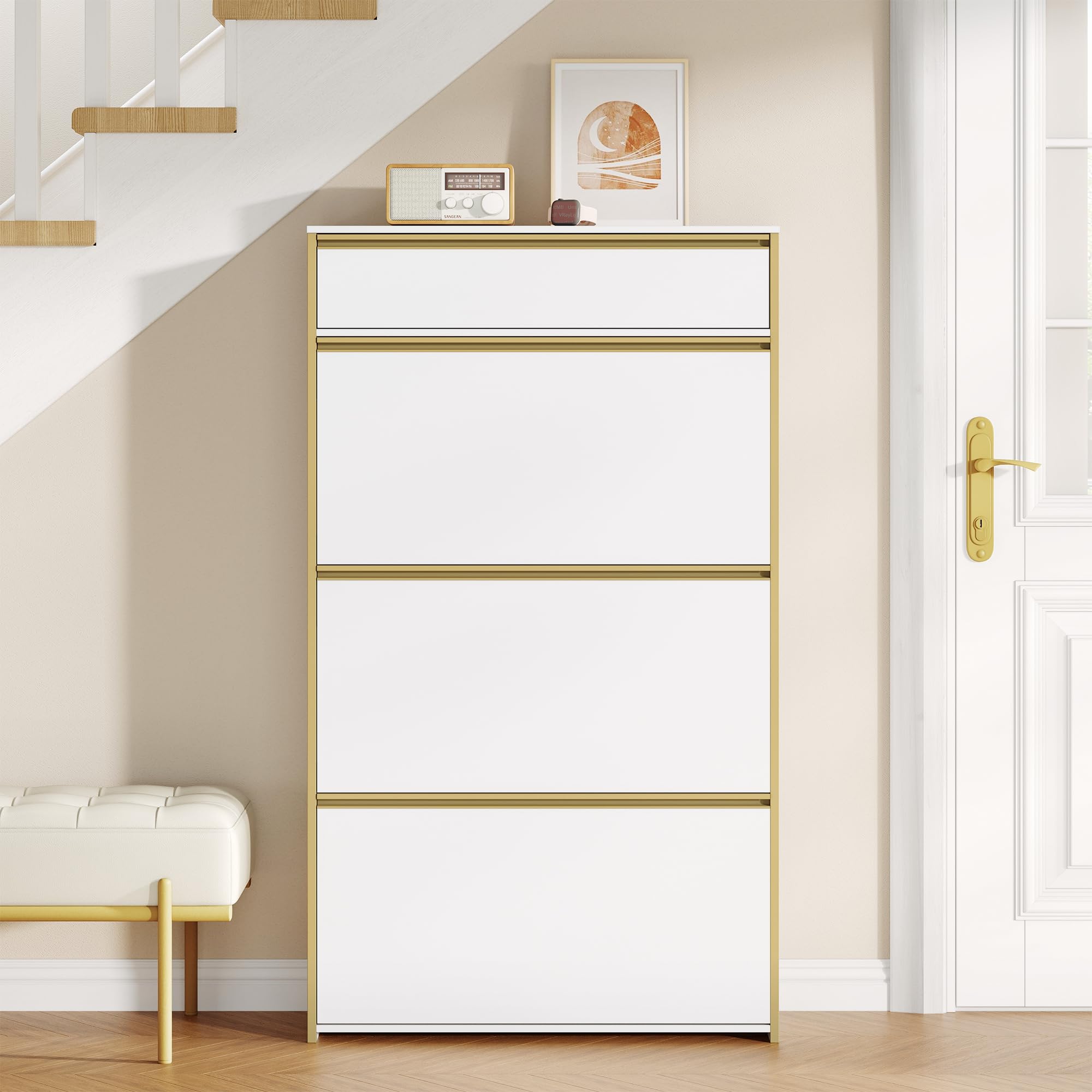 HEXCELEN Meuble à Chaussures avec 3 Battants, 18 à 24 Paire, Blanc-Or | Étroit Étagère à Chaussures avec Tiroir, Meuble à Chaussure, Séparateur Réglables, pour Couloir, Entrée, 80 x 24 x 137,5 cm