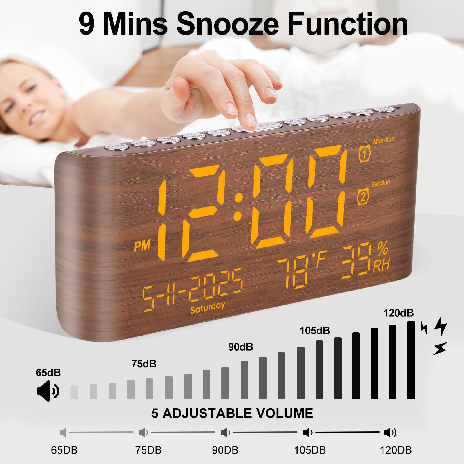 PPLEE Sveglia digitale da 22,1 cm per camera da letto, con giorno della settimana, mese, anno, umidità e temperatura, luminosità snooze, 2 sveglie e 2 caricabatterie USB, orologio da scrivania per chi