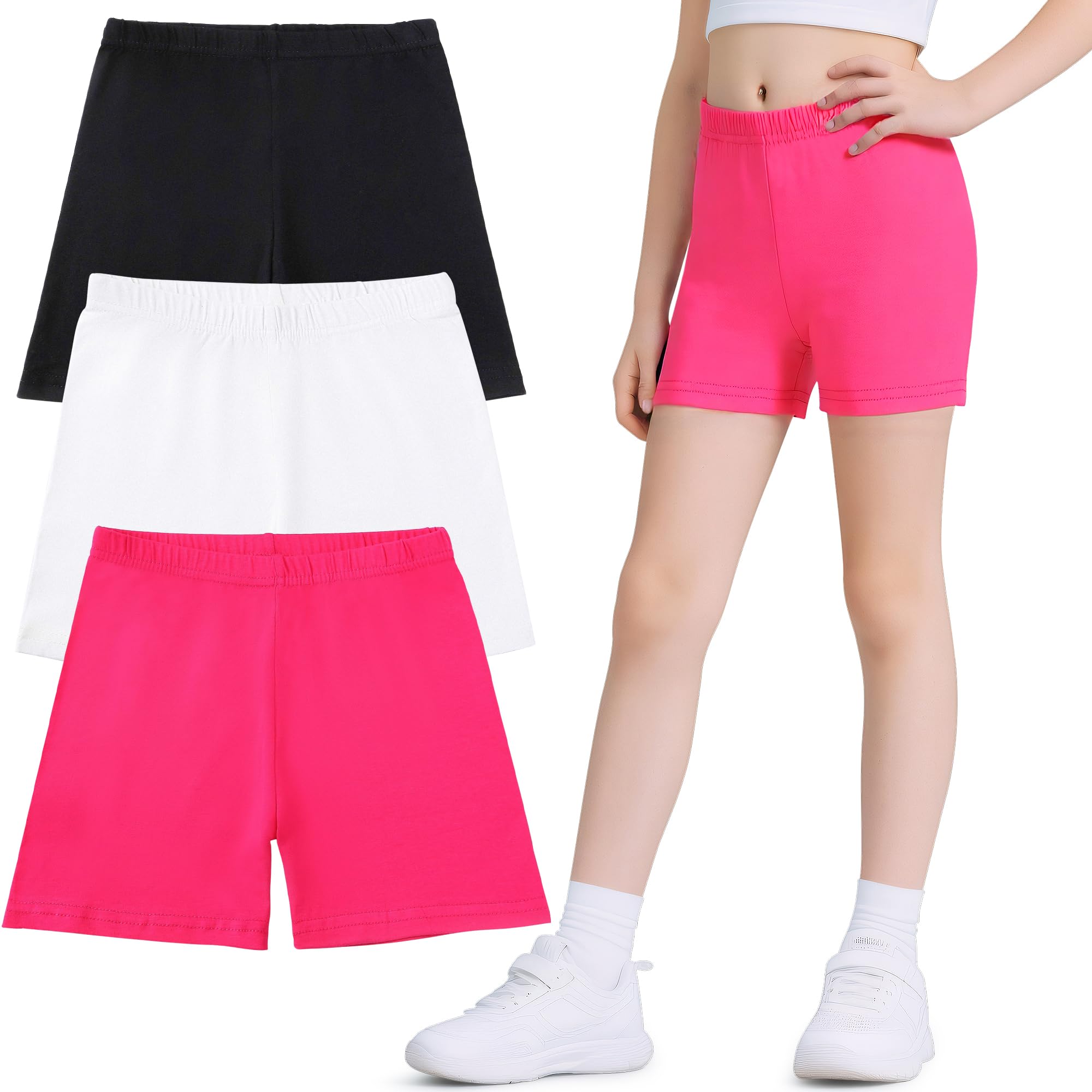 Leggings Court pour Fille, Coton Été Shorts Cyclistes Lot de 3, Enfants Extensible Respirant Sport Danse Uni Couleur Capri Legging Pantalon Filles sous Robe Shorty pour 5-13 Ans