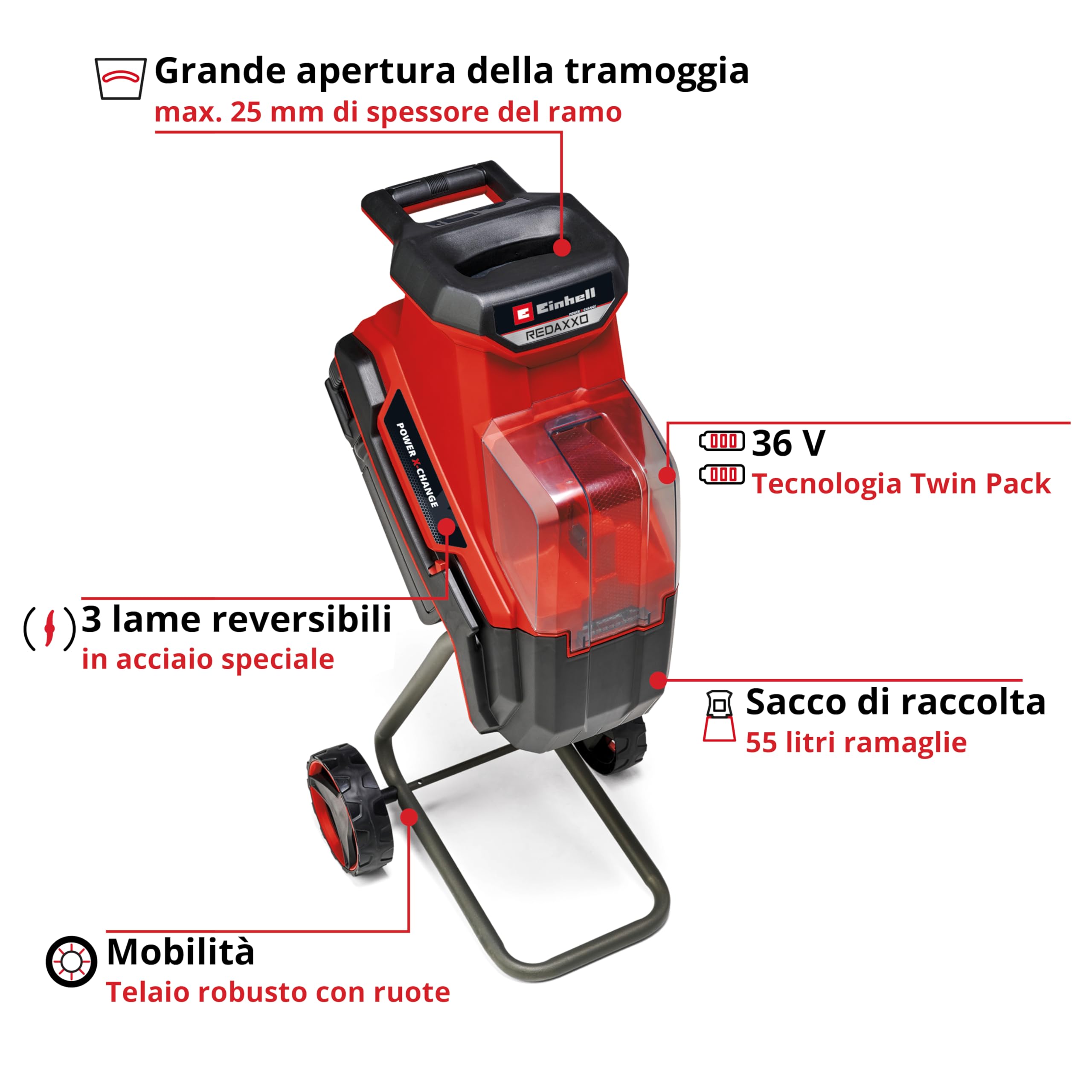 Einhell REDAXXO 36/25 Power X-Change trinciatrice a batteria 36 V 25 mm 3 lame in acciaio sacco 55 L