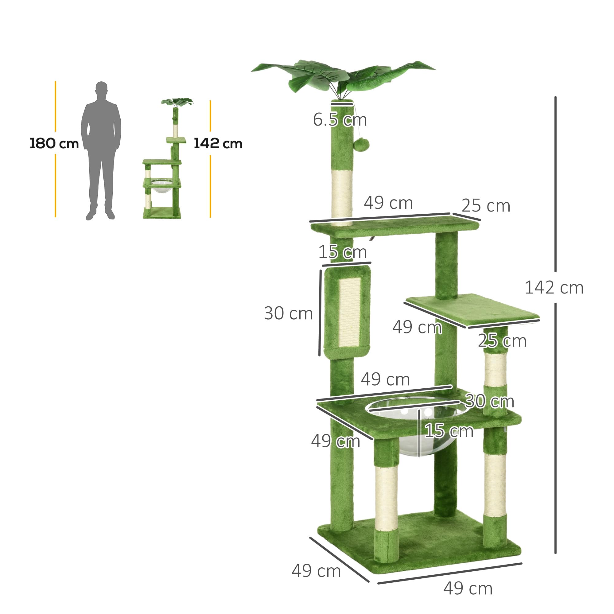 PawHut Albero per Gatti Multilivello Amaca Tiragraffi 49x49x142 cm Verde | Pallina, Foglie Decorative, Rivestimento in Peluche