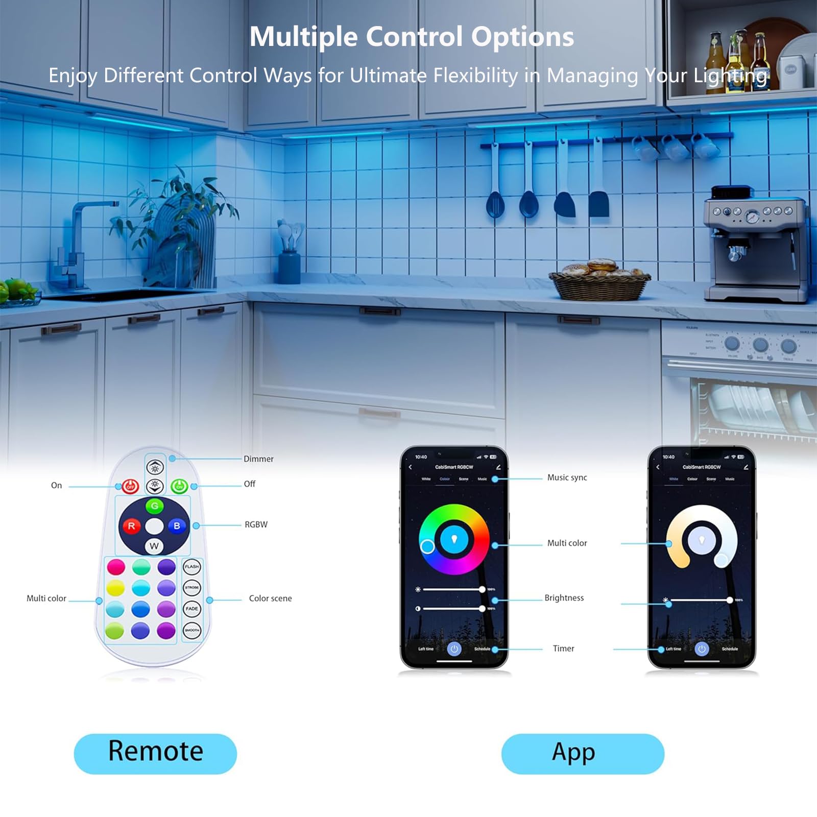 Luces debajo del mostrador para cocina, tiras de luz RGB enchufables para estantería, luces de pared, iluminación sobre gabinete, luces LED enlazables, compatible con Alexa, Google Assistant, control