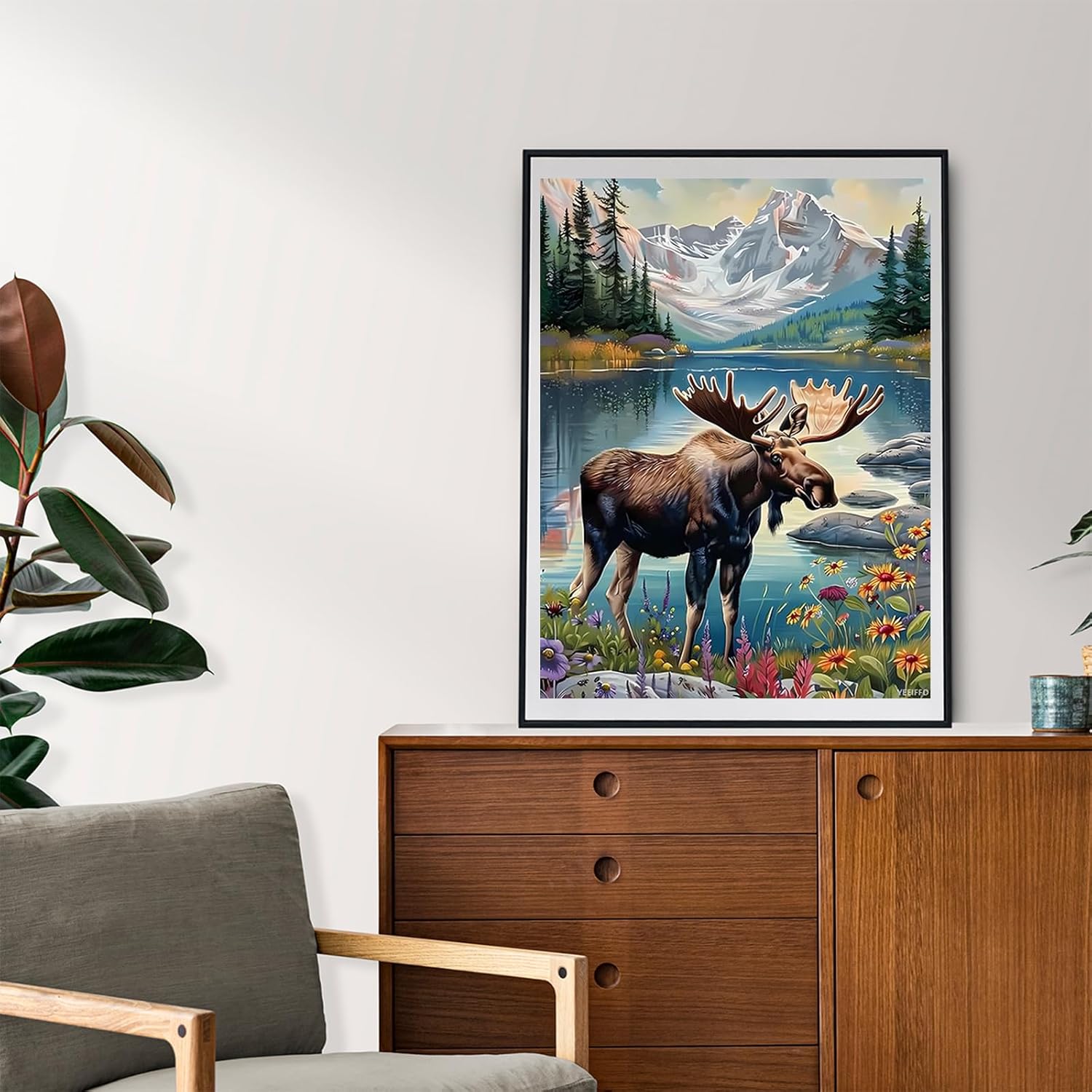 DIY 5D Diamond Painting Kits for Adults Diamond Art Moose in The Spring Rhinestone Diamond Embroidery Moose Craft Kits for Living Room Bedroom Wall Decor Gift 12x16 Inch