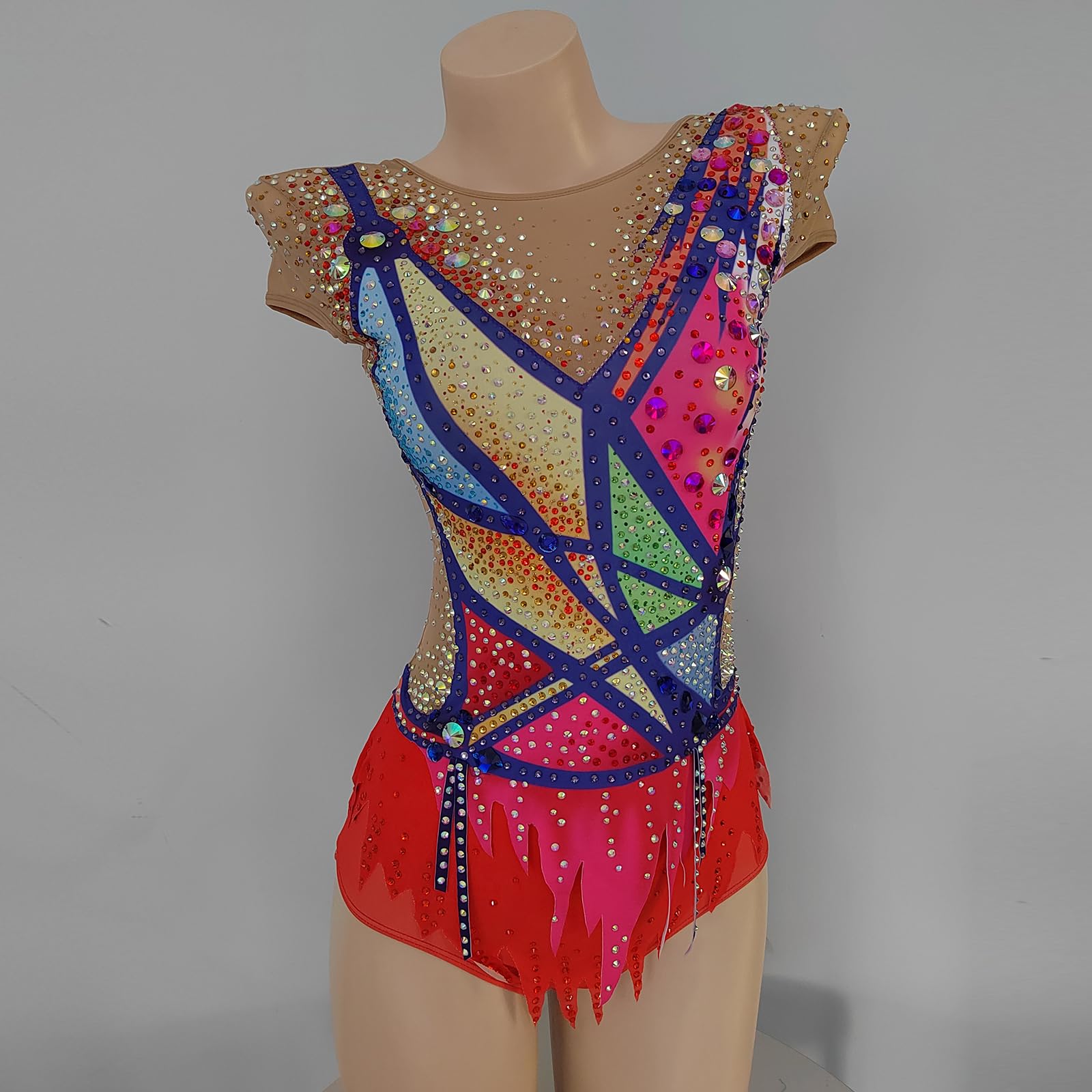 LIUHUO Maillot de gimnasia rítmica rojo geométrico manga corta ropa de rendimiento para niñas