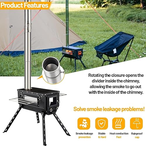 Miniatura 4 de Estufa de tienda AVOFOREST Estufa de leña con pies altos, estufa portátil de tienda caliente con 6 tubos de chimenea de acero inoxidable para