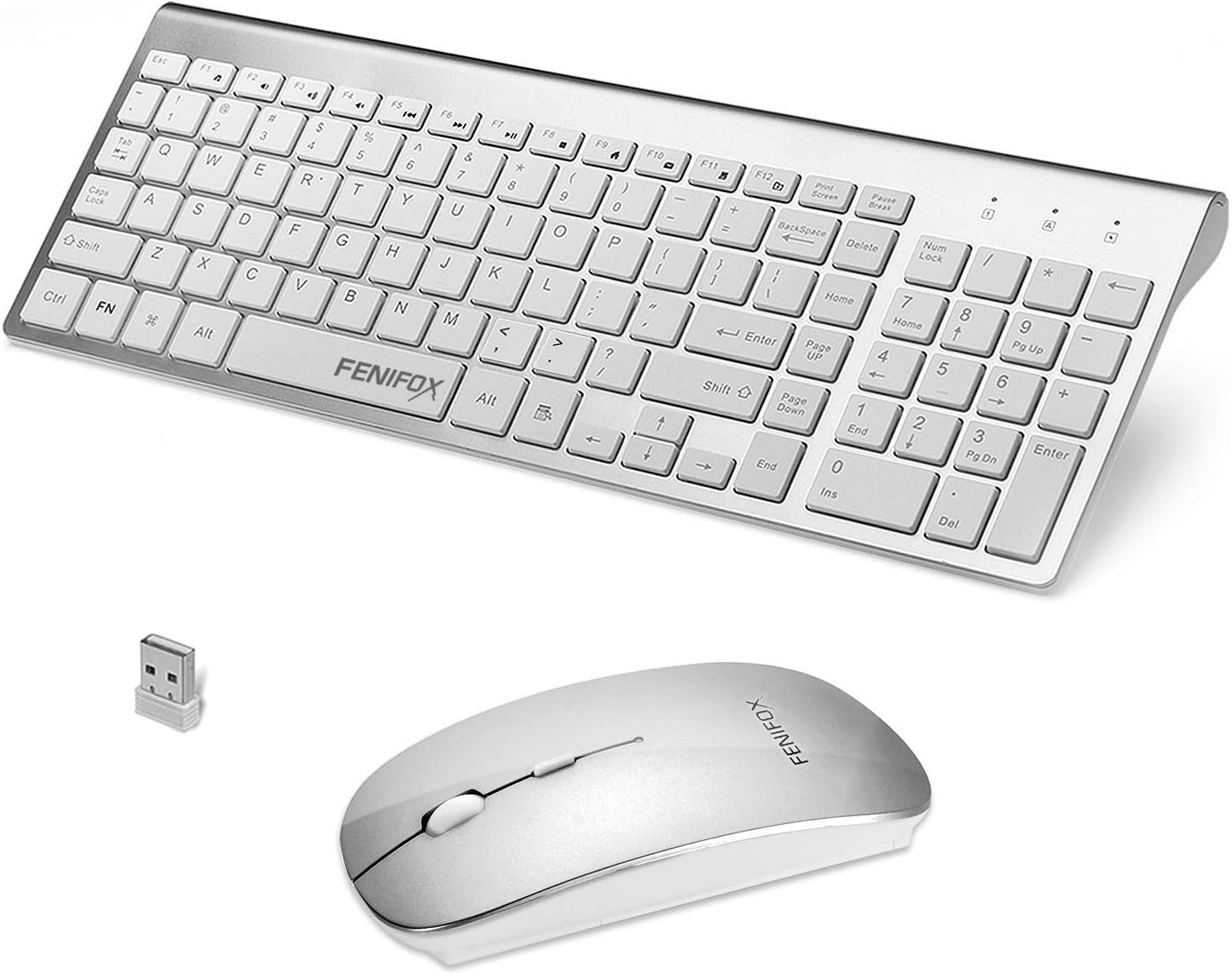Wireless Keyboard and Mouse Combo, FENIFOX Full-Size Whisper-Quiet Compact Wireless Keyboard Mouse for Laptop PC Computer Windows Android - Silver