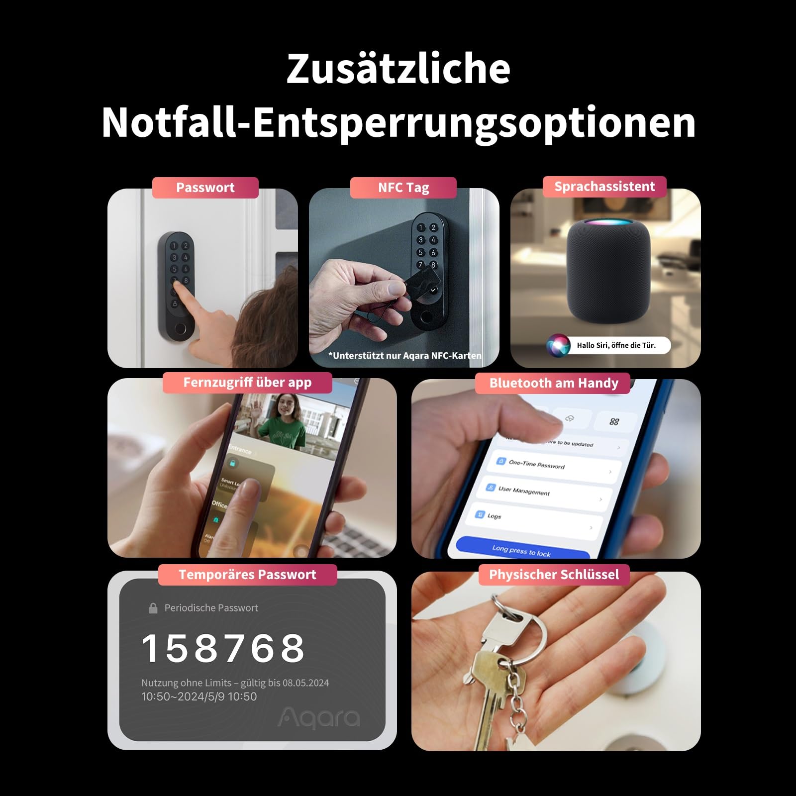 Aqara Smart Lock U200 (mit Fingerabdruck), Matter Over Thread, Smartes Türschloss mit Apple Home Key und Aufladbarem Akku, Unterstützt Homekit, Google Home, Alexa und SmartThings, Schwarz