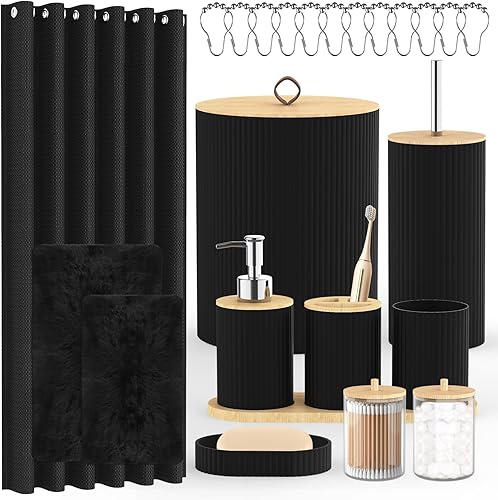 Vista 9 de Juego de accesorios de baño PLIOW - 22 piezas, juego de baño negro con cortina de ducha, papelera, juego de soporte para escobilla de inodoro