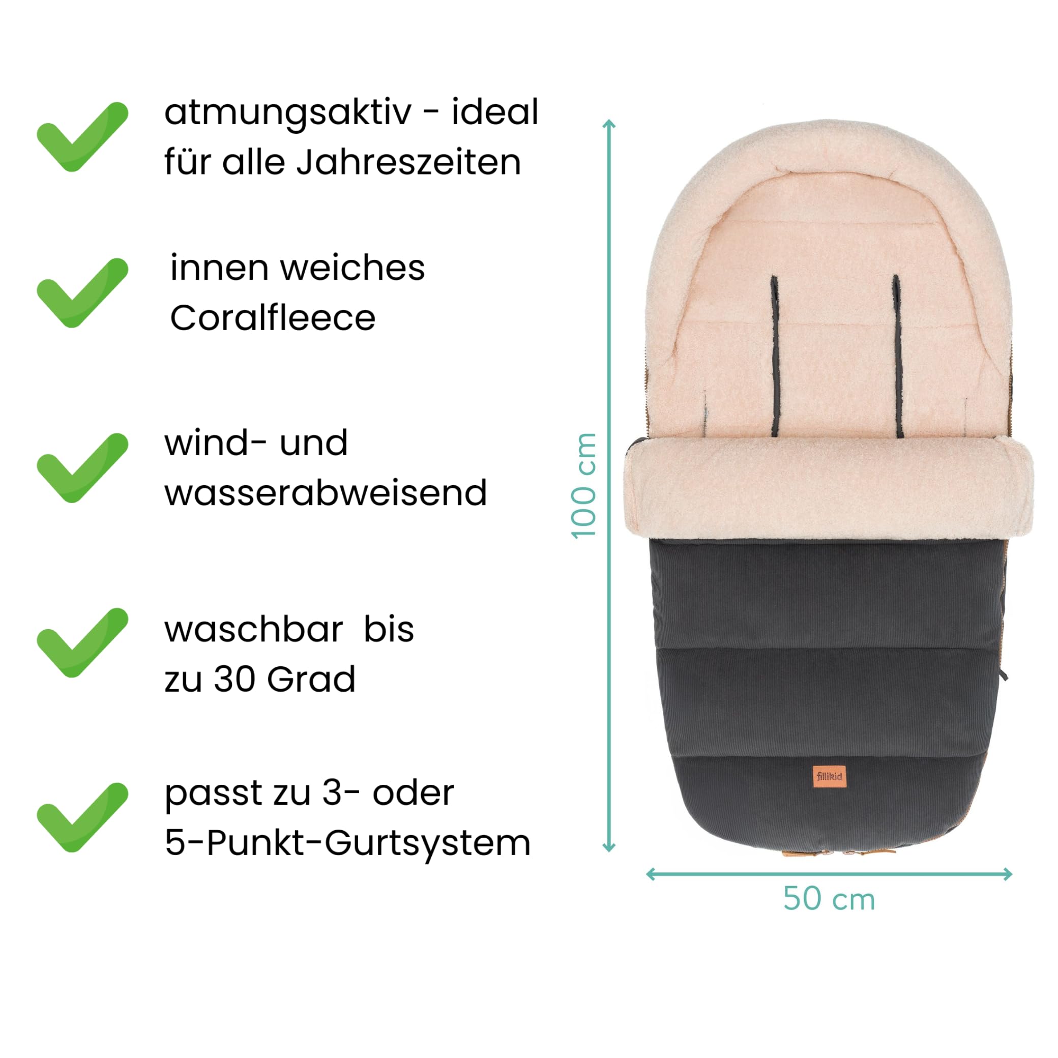 Fillikid Winterfußsack Atlas Cord Exklusiv | Warmes Fleece-Innenfutter, wind- & wasserabweisend, pflegeleicht, komfortabel, für Buggy & Kinderwagen