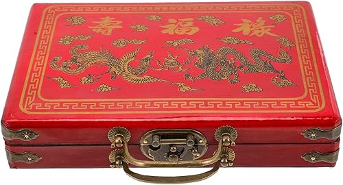 INOOMP Caja china Mahjong con cerradura adornada retro con forro de madera para soporte de mango de juego Mahjong chino