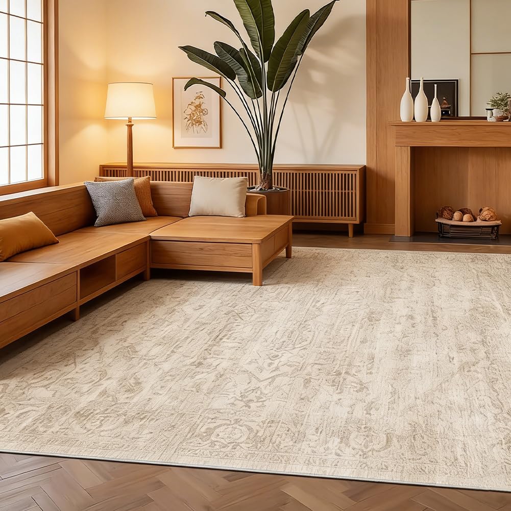 Waschbarer Teppich 160x230 cm, Ultraweicher Kurzflorigeppich mit Rutschhemmender Unterseite, Großer Teppich fürs Wohnzimmer, Schlafzimmer, Esszimmer oder Büro, Moderner Vintage-Look, Beige