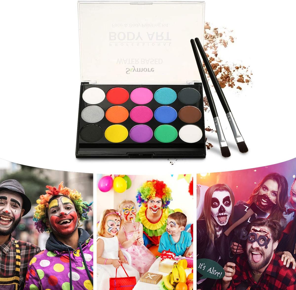 Skymore Face Paint Kit, Professional Quality Face & Body Paint, 15 Colors & 2 Brushes Makeup Face Paint Palette Set, Ideal for Halloween Party Face Painting, Cosplay, Thanksgiving, Christmas