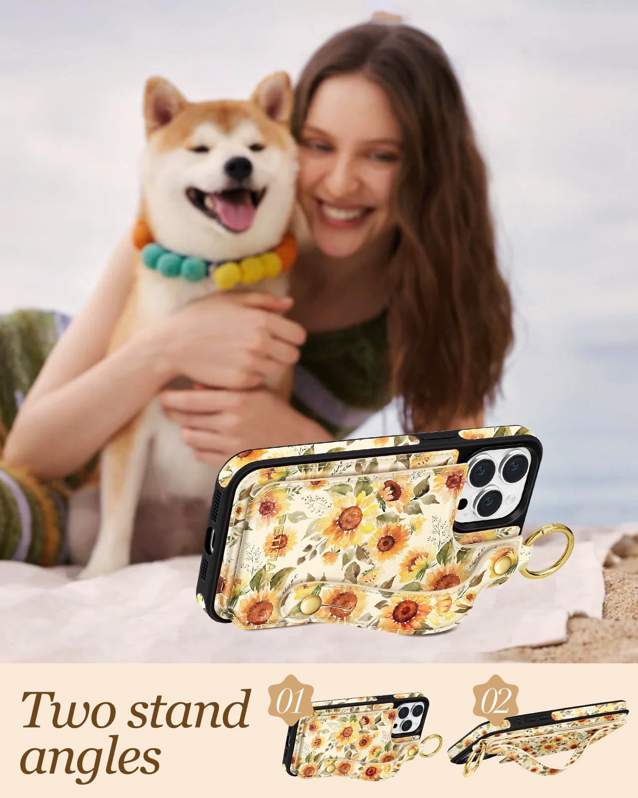 Petitian Leder-Hülle Für IPhone 14/13 – Mit Kartenfach, Armband & Ständer, Niedliches Design