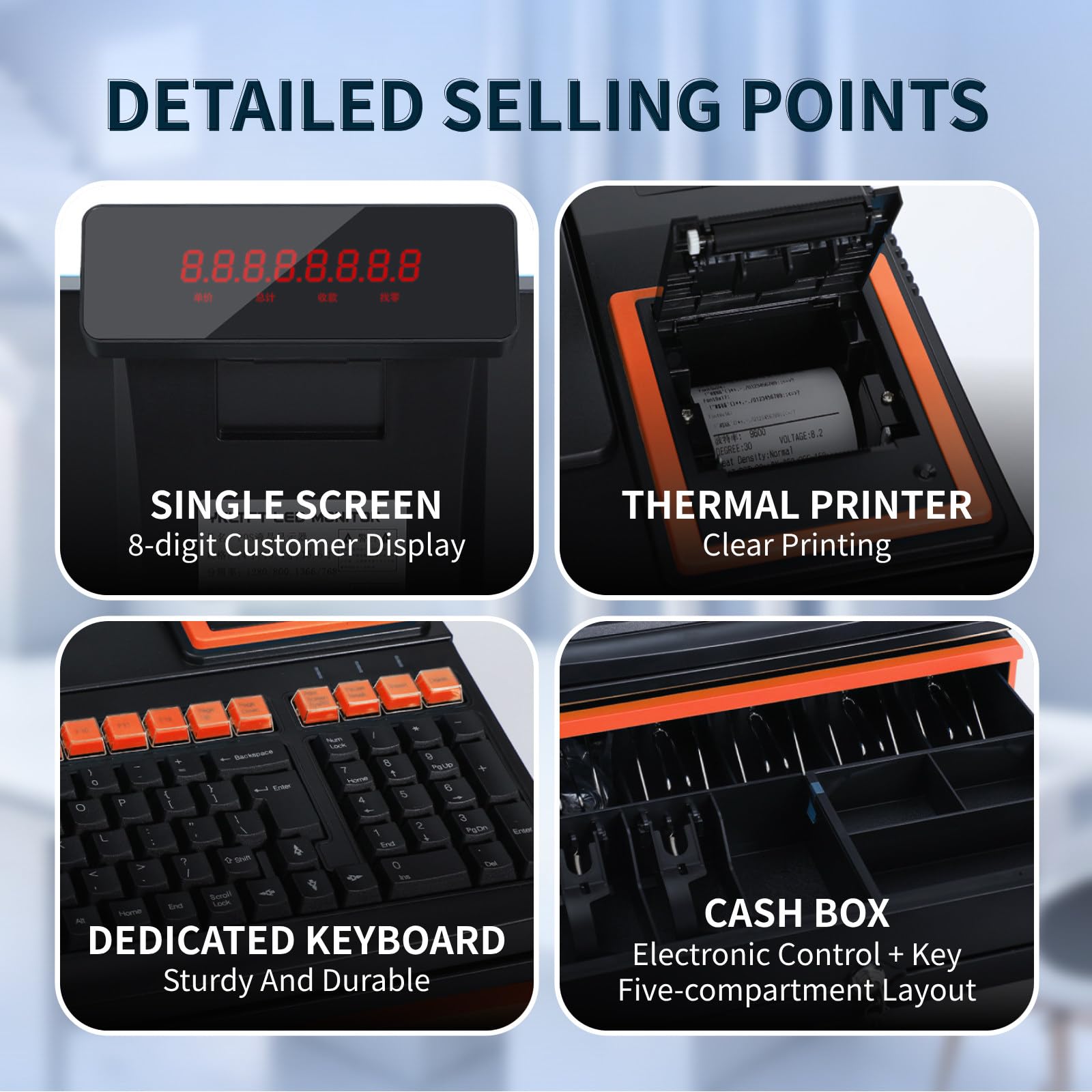 Intelligentes Kassensystem – All-in-One Epos Für Einzelhandel, Ein/Doppelter Bildschirm, Intel Core I5, 8 +128 GB , 58-Mm-Bon-Drucker, Ladenlade, Barcodescanner, 10 Rollen Papier Orange-SingleScreen