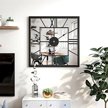 Large Square Clock Black Wall Decor Modern Wall Clock with HD Mirror, Decorative Wall Clocks for Living Room Wall Decor for Office Bedroom Entryway Foyer Fireplace Decor Size 20inch