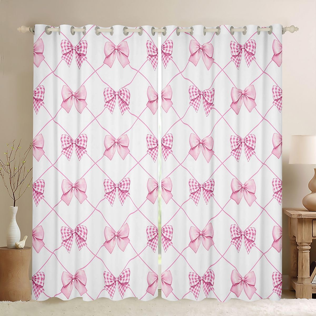 Castle Fairy Girly Coquette Bowknots Bedroom Curtains Watercolor Flowers Bookshelf Window Drapes for Kids Princess Style Blackout Drapes Window Treatments Grommet Top 52Wx96L Inch 2 Panel Set,Pink