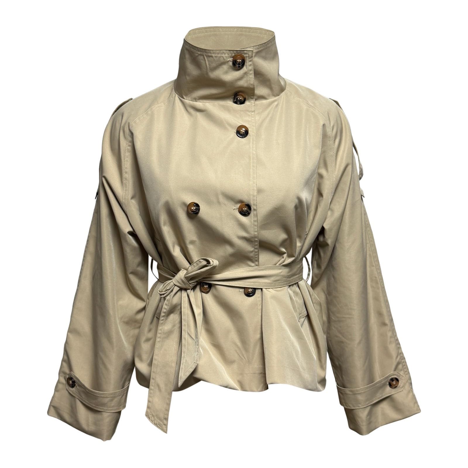 Trenchcoat Damen Kurz Zweireihig Jacke Mit Gürtel Kurzmantel Übergang Windjacke Leicht Mantel Trench Coat Einfarbig Jacken Stehkragen Herbstjacke Casual Übergangsjacke Büromantel