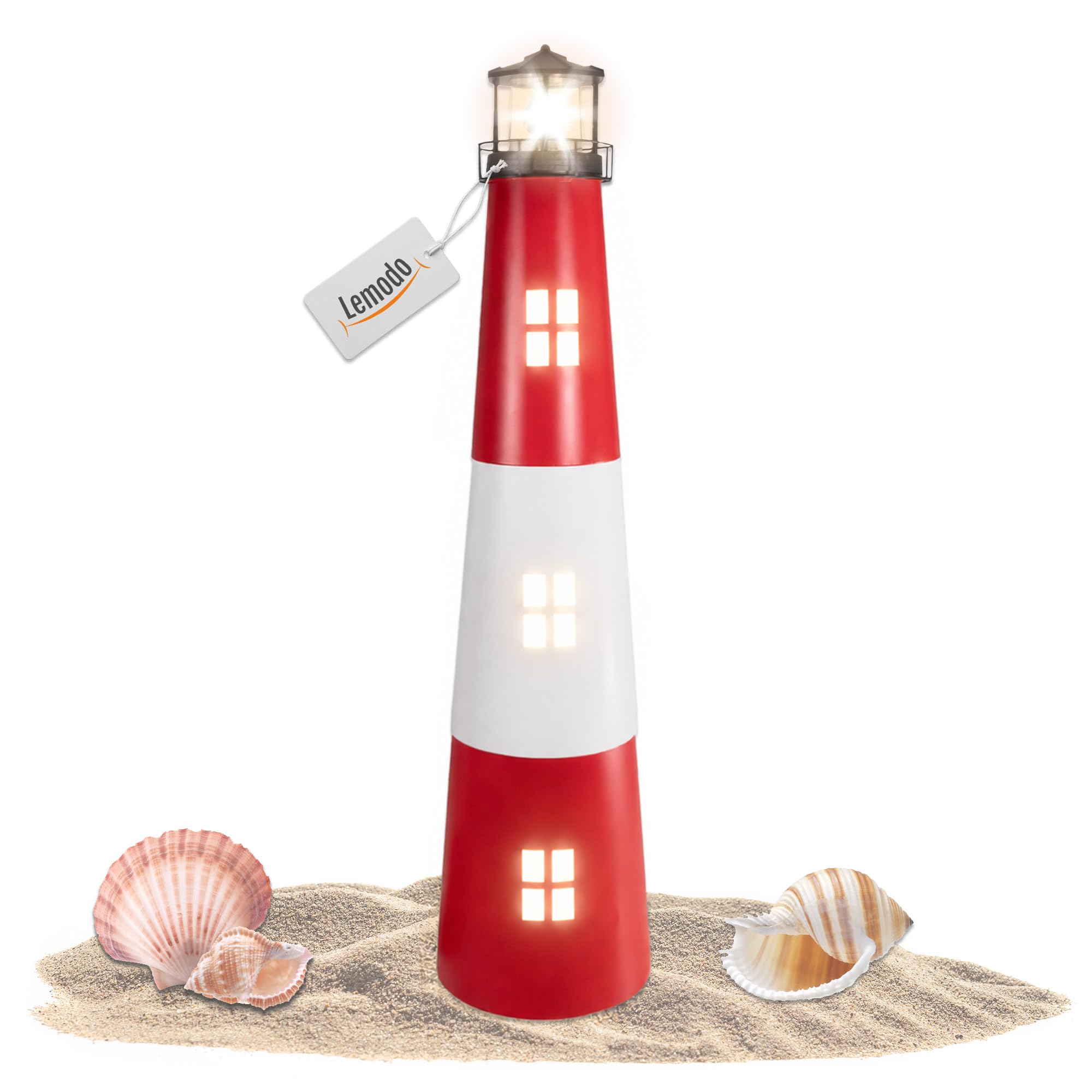 LEMODO Gartendeko Leuchtturm, Dekoleuchte für den Garten mit solarbetriebenem, rotierendem Leuchtfeuer, 120 cm hoch, aus Metall, Maritime Außendeko mit LED-Beleuchtung