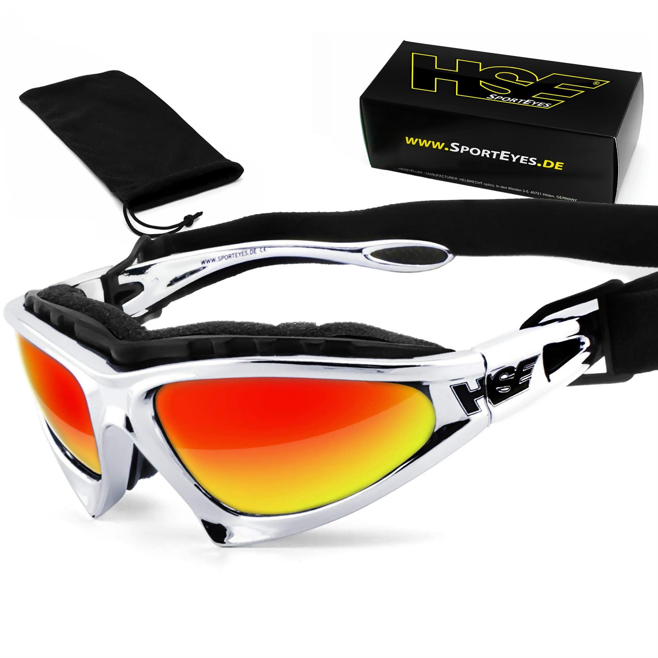 HSE SportEyes® | beschlagfrei, winddicht, HLT® Kunststoff-Sicherheitsglas nach DIN EN 166 | Sportbrille, Radbrille, Sonnenbrille | Brille: 2050 (rot verspiegelt - Chrom)