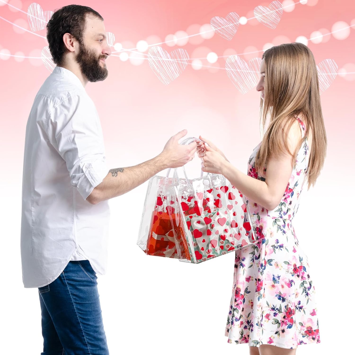 Yeaqee 36 Pcs Valentine's Day Love Heart Printed Clear Gift Bags with Handles Bulk Plastic Treat Candy Pouch Reusable Valentine's Party Handbag PVC Heart Tote Bags for Birthday Baby Shower Party Favor - Image 5