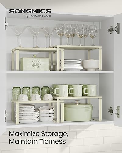 Vista 159 de SONGMICS Estante organizador de gabinete, juego de 2 estantes de encimera de cocina, almacenamiento de cocina, estante de especias, apilable, Blanco
