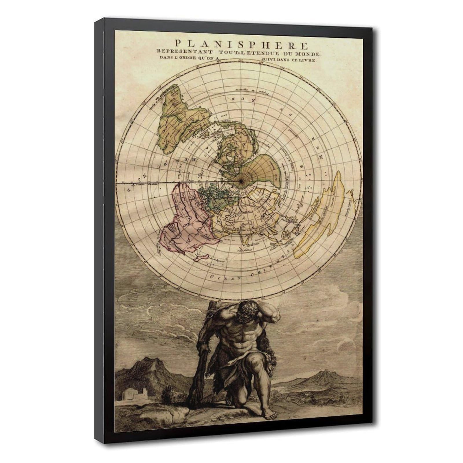 WCYB Flache Erde Planisphere Weltkarte Vintage 1715 – Louis Renard – Azimutel Äquidistant Poster Drucke Leinwand Deko Gemälde Wandkunst zum Aufhängen Rahmen 40,6 cm L