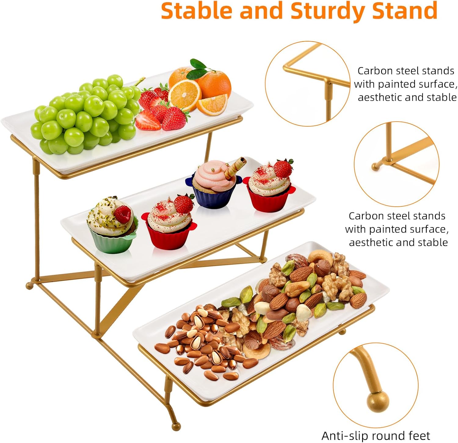 3 Tier Serving Tray Set, Detachable Large Serving Platters and Stand, Space Saving Multi Purpose Tiered Tray with Carbon Steel Base, for Party, Food, Fruit, Dessert, Cupcake