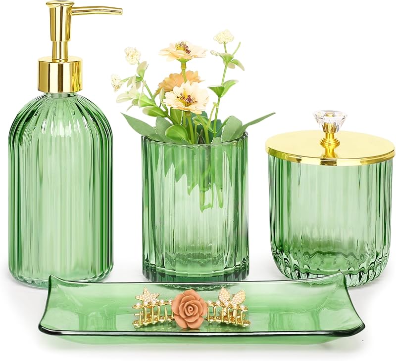 Glass Bathroom Accessories Set, Green Bathroom Set, 4 Pcs | Kit w/ Bathroom Soap Dispenser Set, Toothbrush Holder, Qtip Holder, Soap Dish, Green Bathroom Decor, Gift for Home Apartment