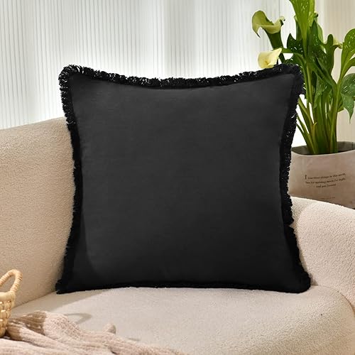 Miniatura 2 de ZWJD Juego de 2 fundas de almohada de 26 x 26 pulgadas, color negro, con flecos, de algodón, decorativas, cuadradas, para sofá, cama, sala de estar,