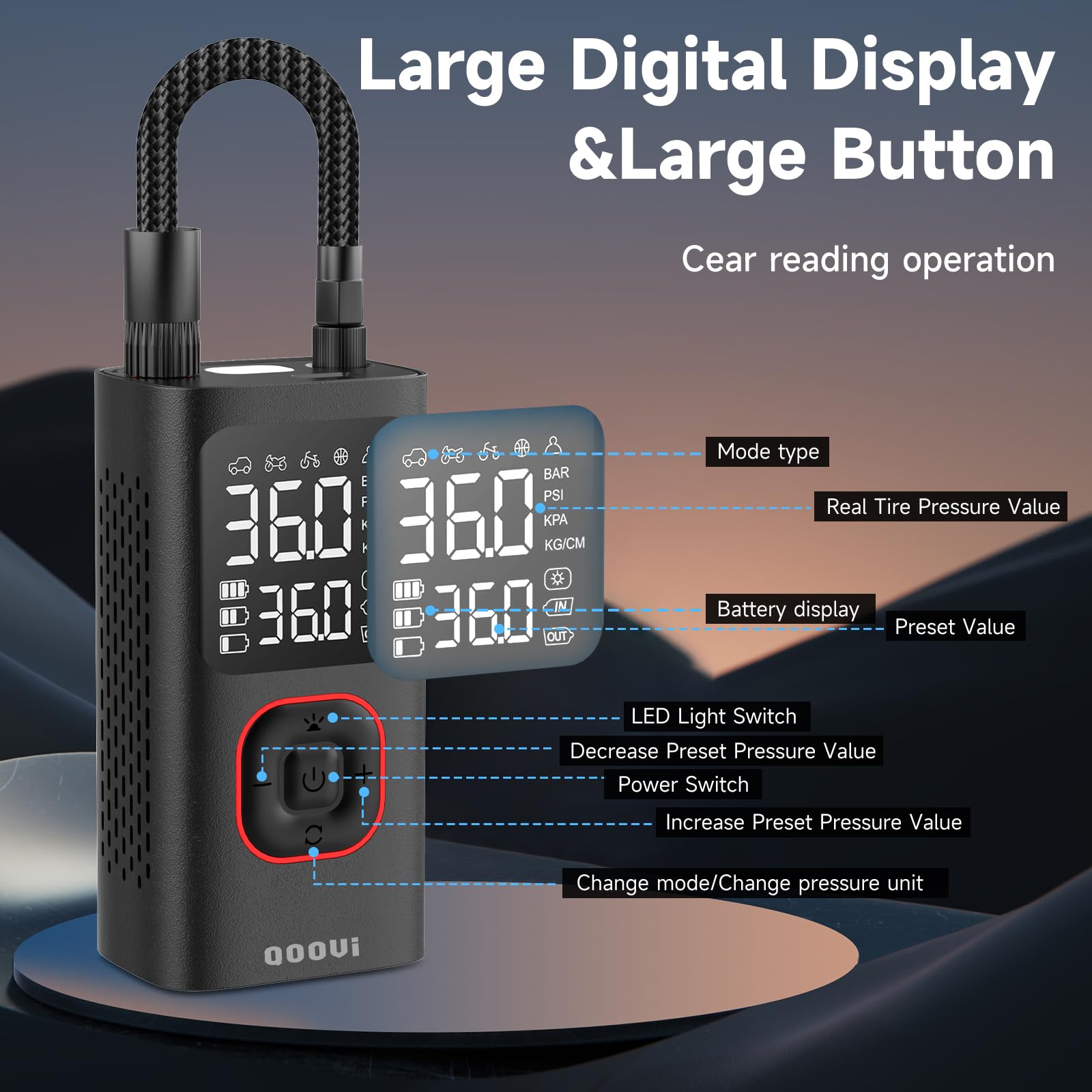 Compressore d'aria portatile, 150 psi, pompa ad aria intelligente per auto, moto, palloncini, manometro digitale, luce LED e porta USB per telefono/tablet, nero