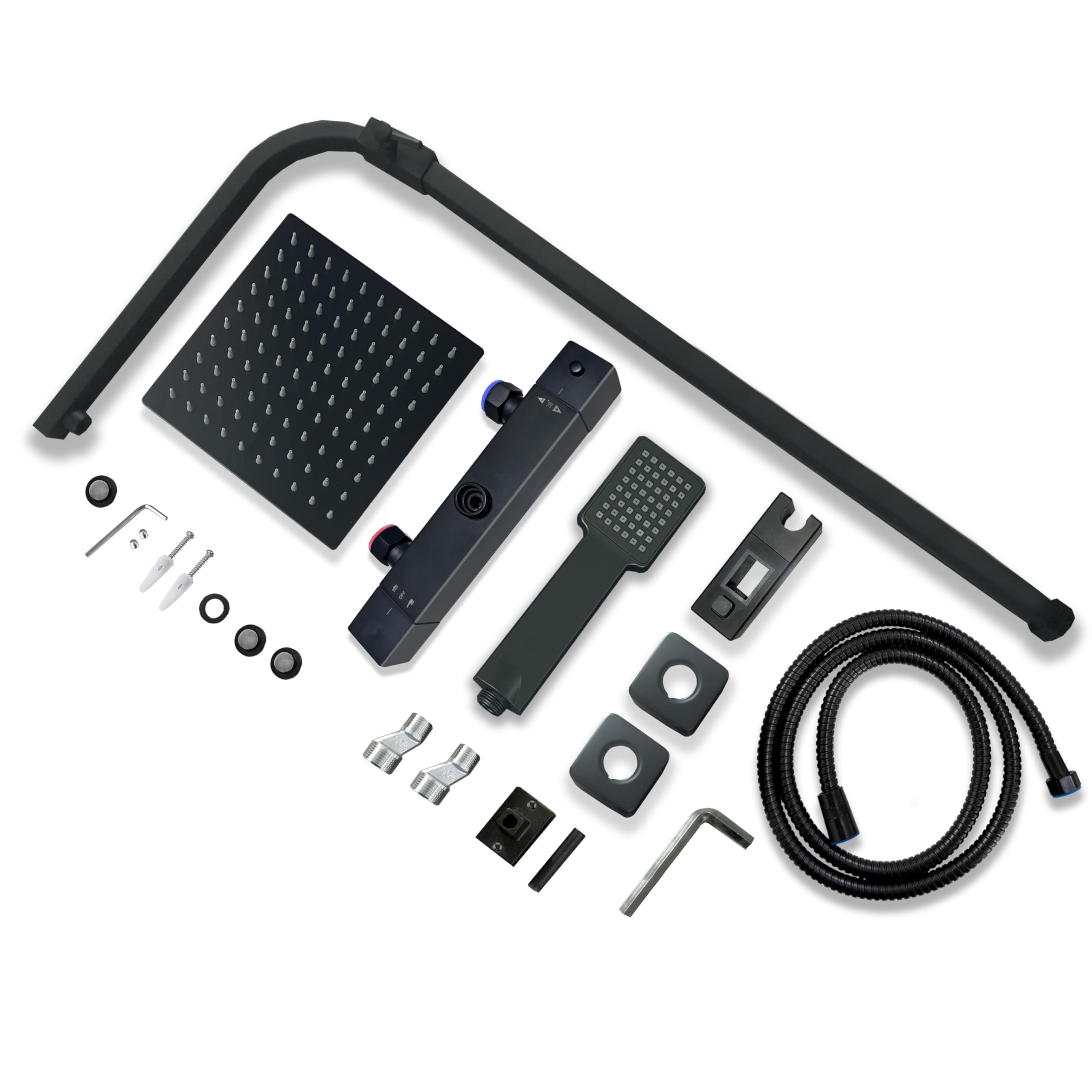 OCEAN ITALY Kit Doccia con Soffione, Doccetta, Miscelatore Quadrati, Soffione Doccia 20x20cm Acciaio Inox con Ugelli Anticalcare, Colonna Doccia Termostatico Antiscottatura, Nero Opaco