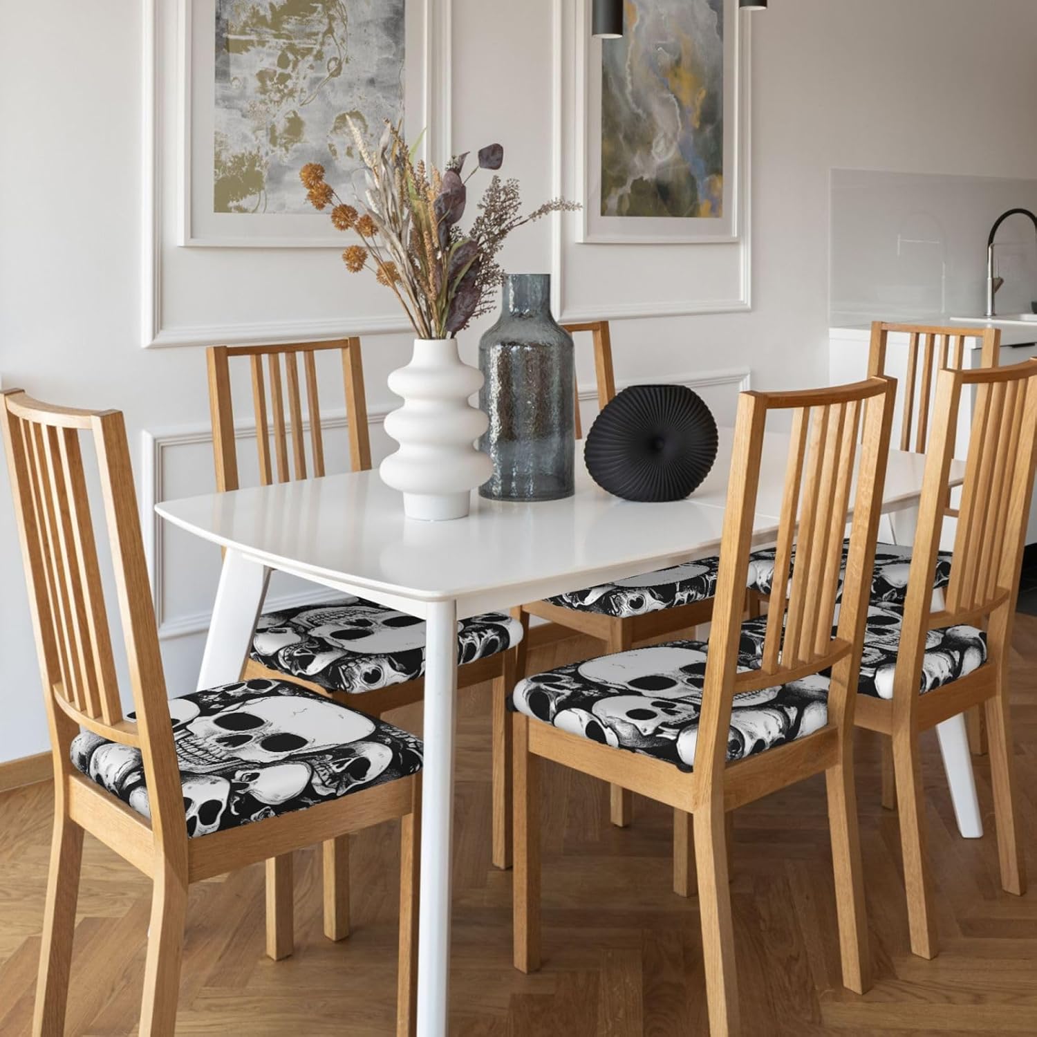 Black and White Skulls Print Square Cushion Covers 6 Pcs Set Elastic Non-Slip Seat Cushion Slipcovers Pet Furniture Protectors for Chair, Sofa