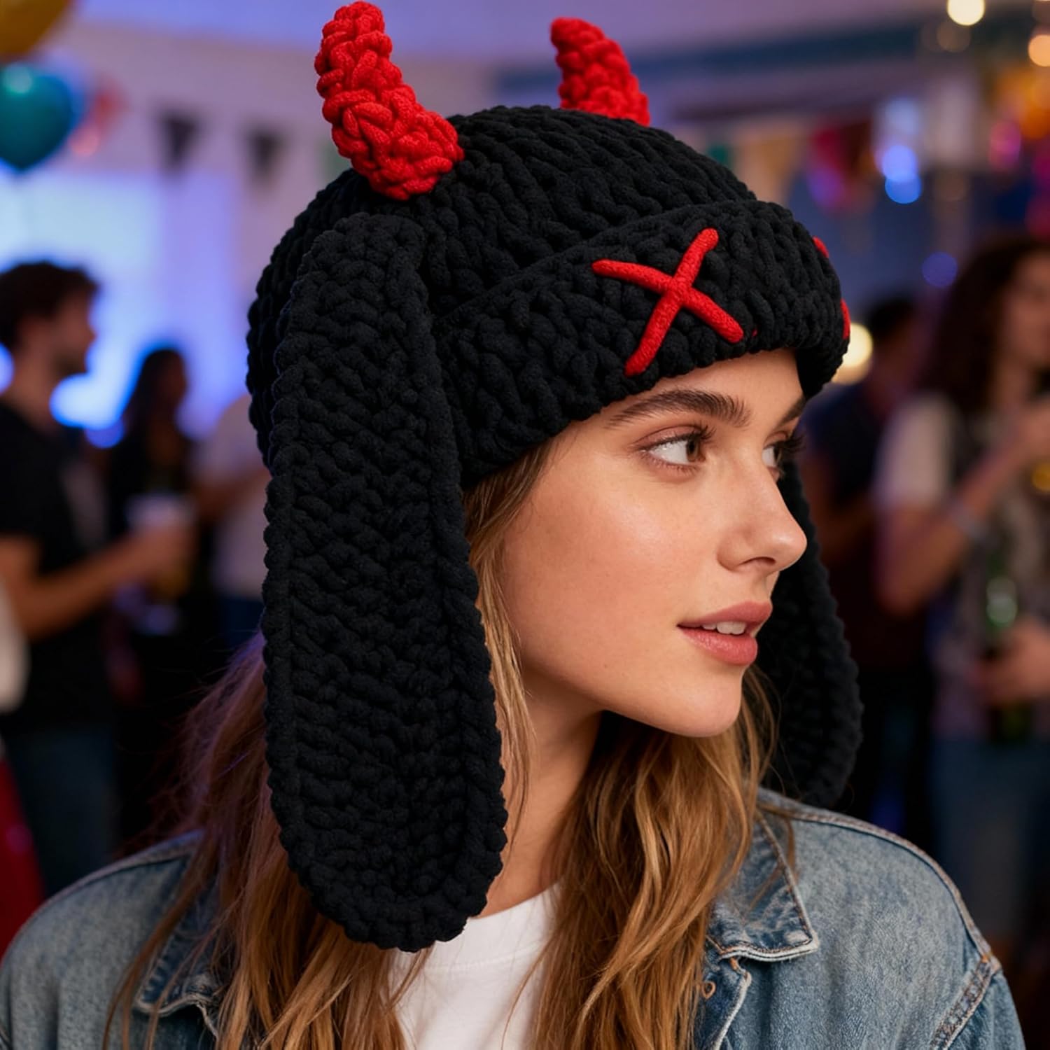 Bunny Chunky Beanie with Devil Horns Chenille Crochet Hat with Long Floppy Ears Cute Goth Rabbit Winter Skull Cap - Image 6